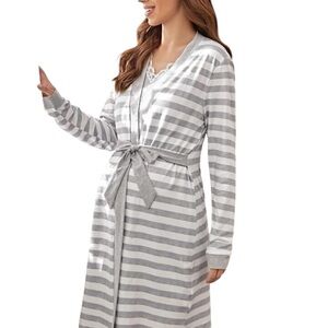 Maternity Nursing Nightgown with Striped Robe – Post Partum Sleepwear Set Medium